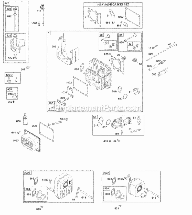 Cylinder Head Exhaust System Gasket Set - Valve Lubrication Valves Diagram and Parts List for 31Q677-0114-E1  Briggs and Stratton Engine